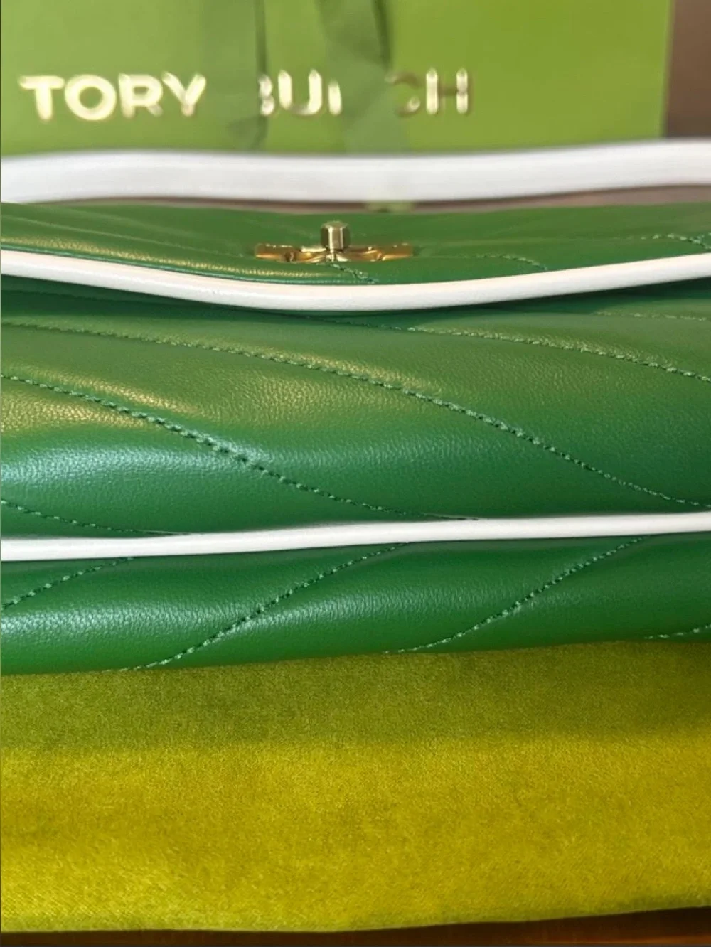 Tory Burch Green and Light Cream Kira Chevron Chain Wallet